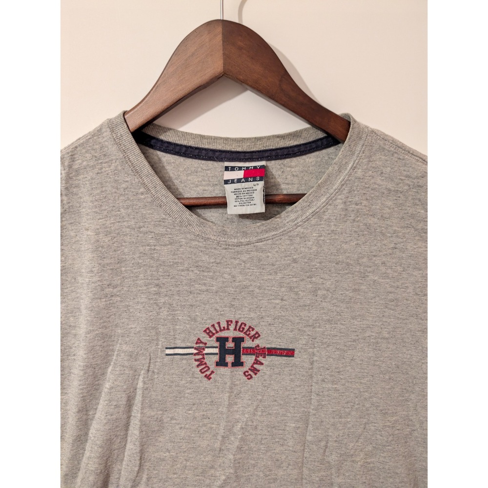 Tommy Jeans T-Shirt Mens L Gray Excellent Embroidered Logo 90s Style Tee